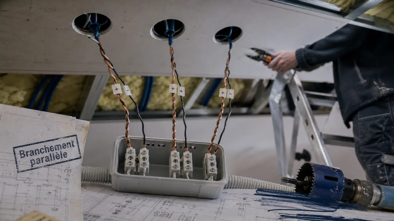 Branchement spot en parallèle GU10 : dominos et câbles vers spots encastrables