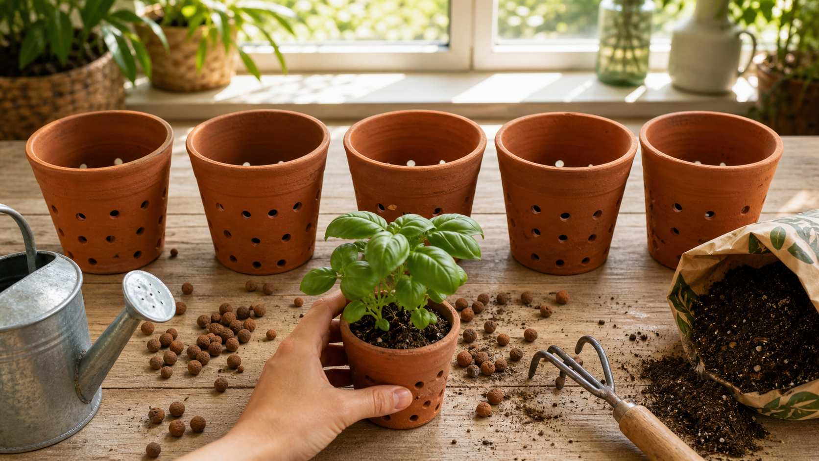 Cultiver des aromatiques en pot : pots drainés et soleil sur rebord de fenêtre