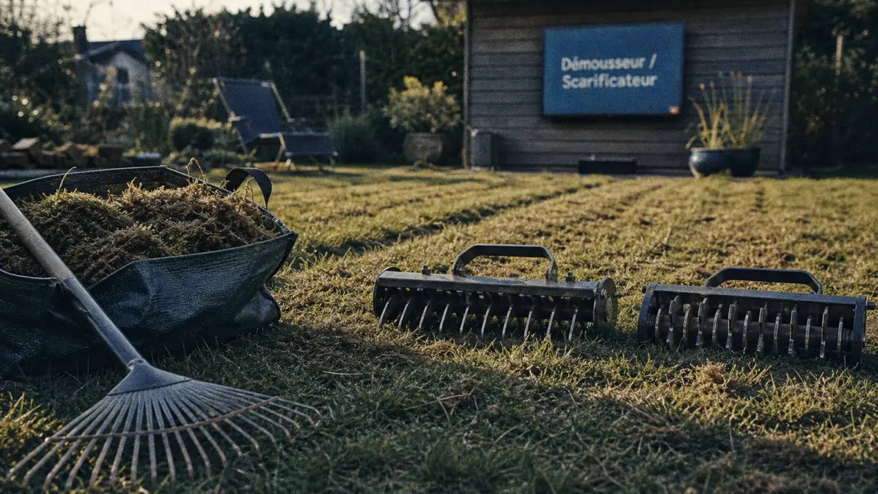 Démousseur ou scarificateur pour enlever mousse et feutre végétal sur sol compacté