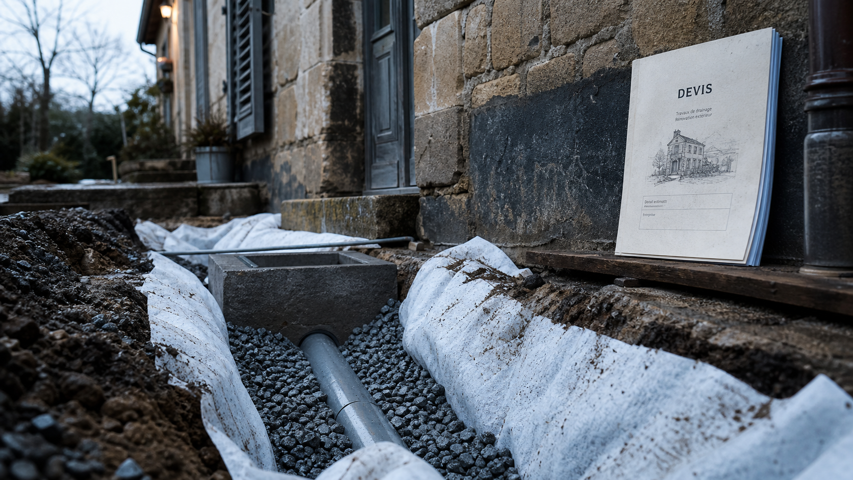 Drainage maison ancienne prix : tranchée, tuyau perforé et gravier drainant