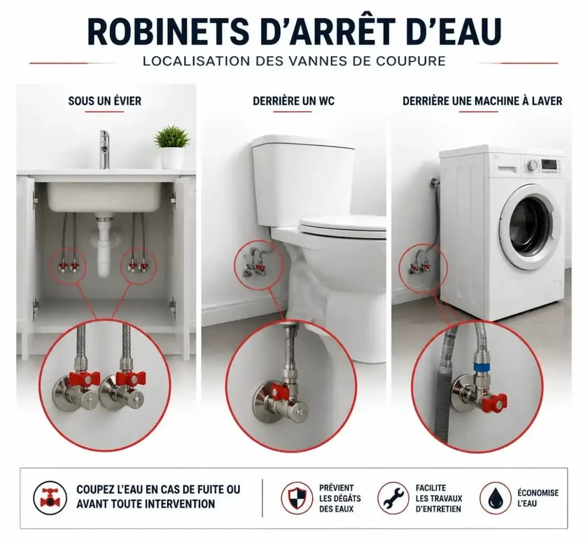 Schéma des emplacements des robinets d'arrêt pour couper l'eau d'un seul robinet