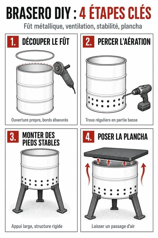Fabriquer brasero : étapes visuelles d’un DIY extérieur avec fût, aération et plancha