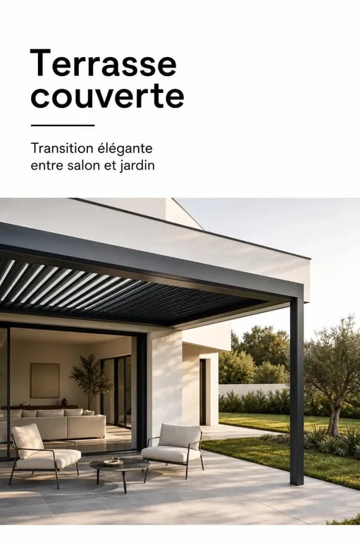 Terrasse couverte maison contemporaine avec pergola élégante et vue sur le jardin