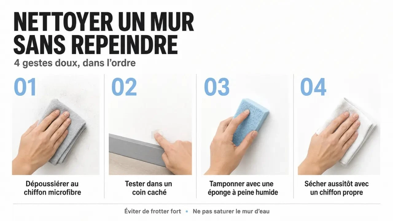 Nettoyer mur blanc sans repeindre avec chiffon microfibre et éponge non abrasive