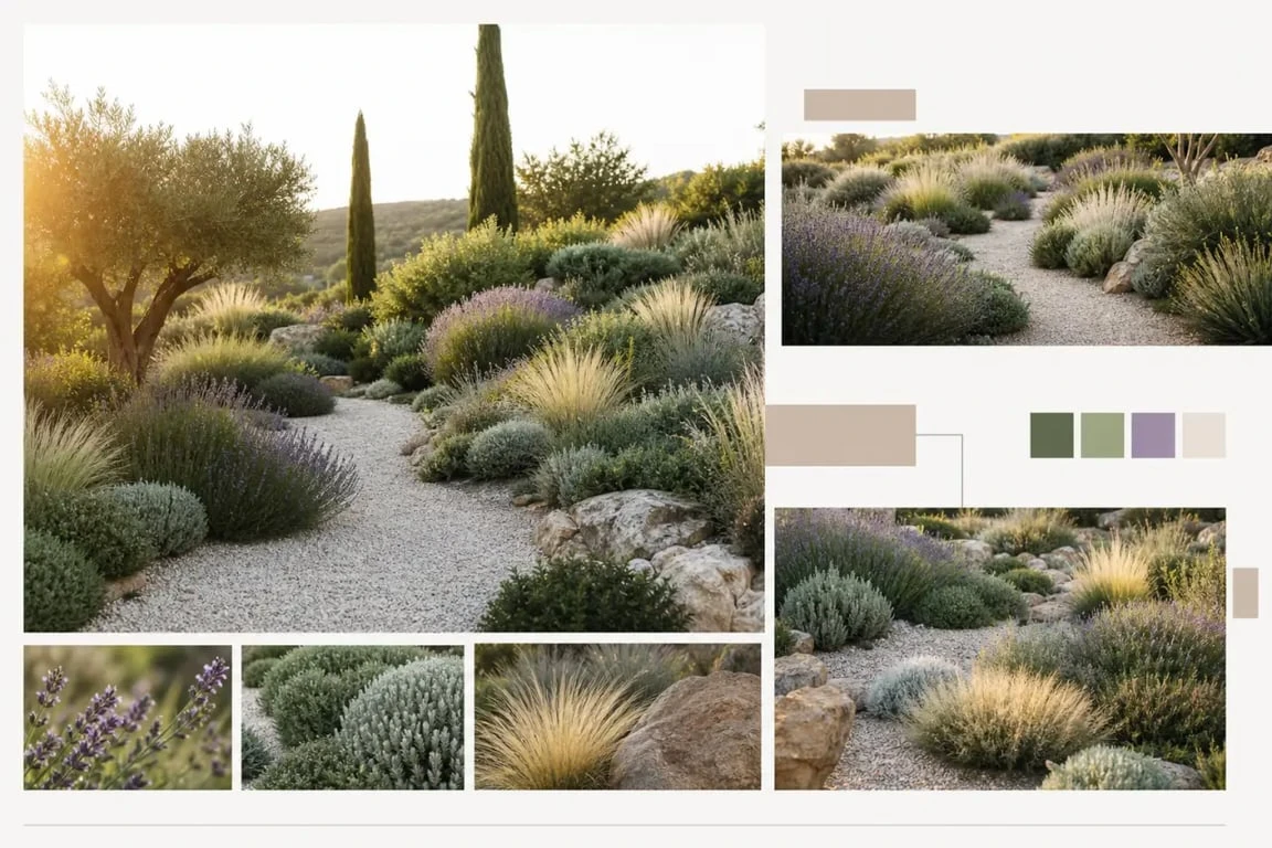 Jardin méditerranéen sans entretien avec massifs aromatiques, paillage minéral et chemin en gravier
