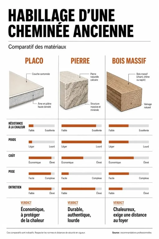 Comparatif des matériaux pour l'habillage d'une ancienne cheminée : placo, pierre et bois