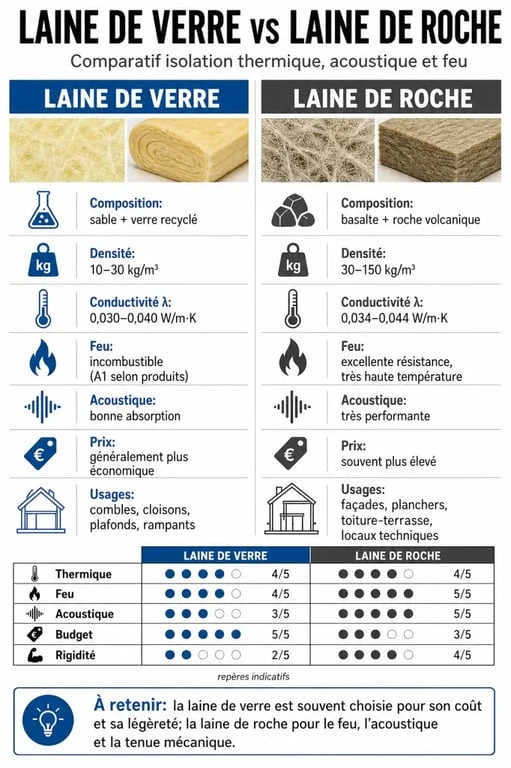 Différence entre laine de verre et laine de roche : infographie comparative des performances, prix et usages