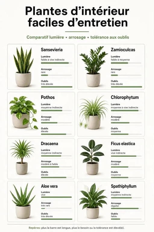 Plantes d'intérieur faciles d'entretien : infographie comparative des espèces les plus résistantes