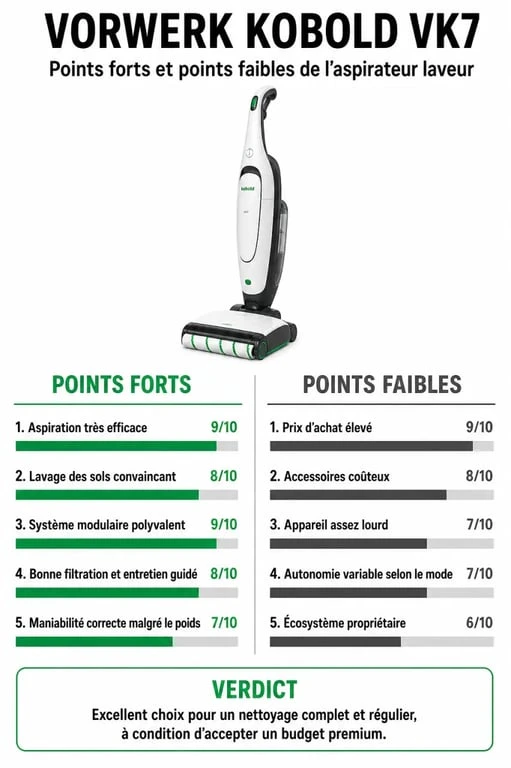Infographie comparative des points forts et points faibles de l'aspirateur laveur Vorwerk Kobold VK7