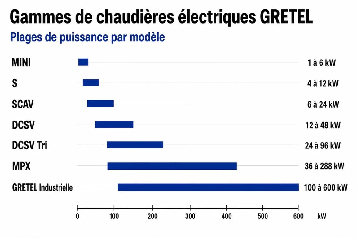 Infographie comparative des gammes de chaudières électriques GRETEL par puissance et usage