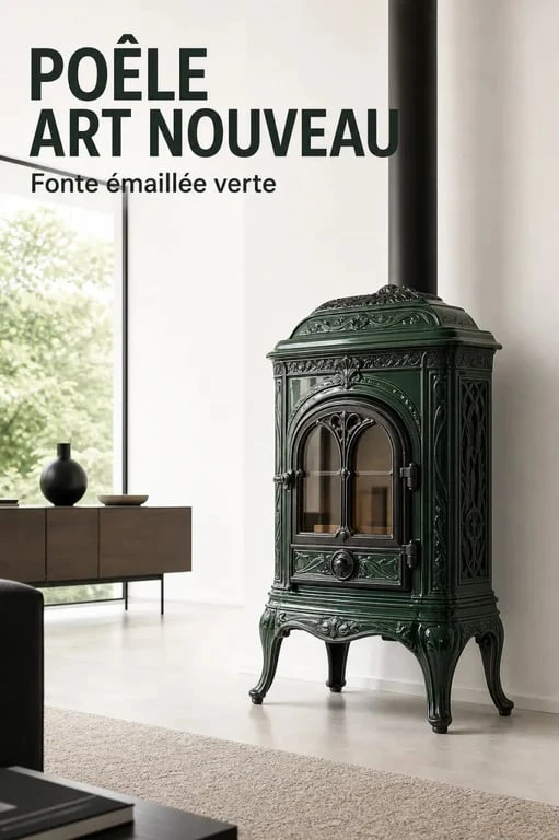 Vieux poêle à bois en fonte émaillée verte dans un intérieur vintage et moderne