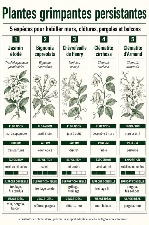 Comparatif de plante grimpante persistante pour mur, pergola et balcon avec espèces, floraison, parfum et exposition