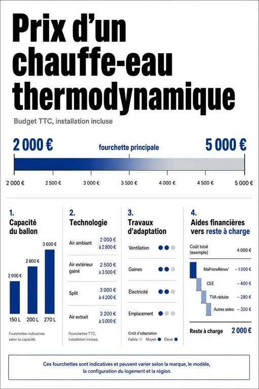 Chauffe eau thermodynamique prix : infographie des fourchettes de prix et des facteurs de coût