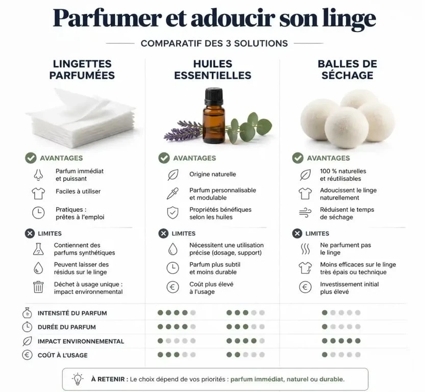 Infographie comparative des solutions pour parfumer le linge au sèche-linge : lingettes, huiles essentielles et balles de séchage.