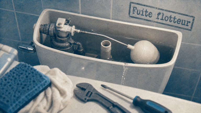 Fuite flotteur wc : eau qui coule, réservoir ouvert et niveau d’eau