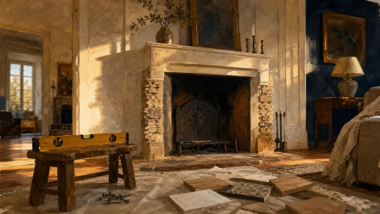 Habillage ancienne cheminée moderne, panneaux blancs et pierre naturelle