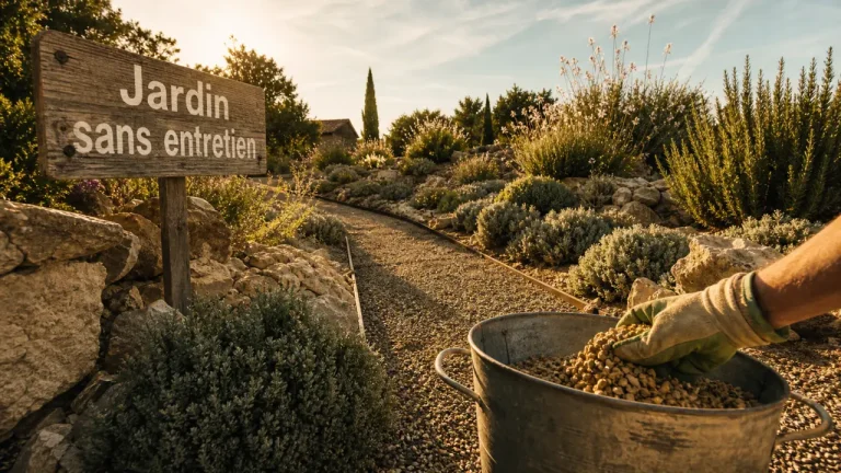 Jardin méditerranéen sans entretien avec paillage minéral, thym et origan, pierres calcaires