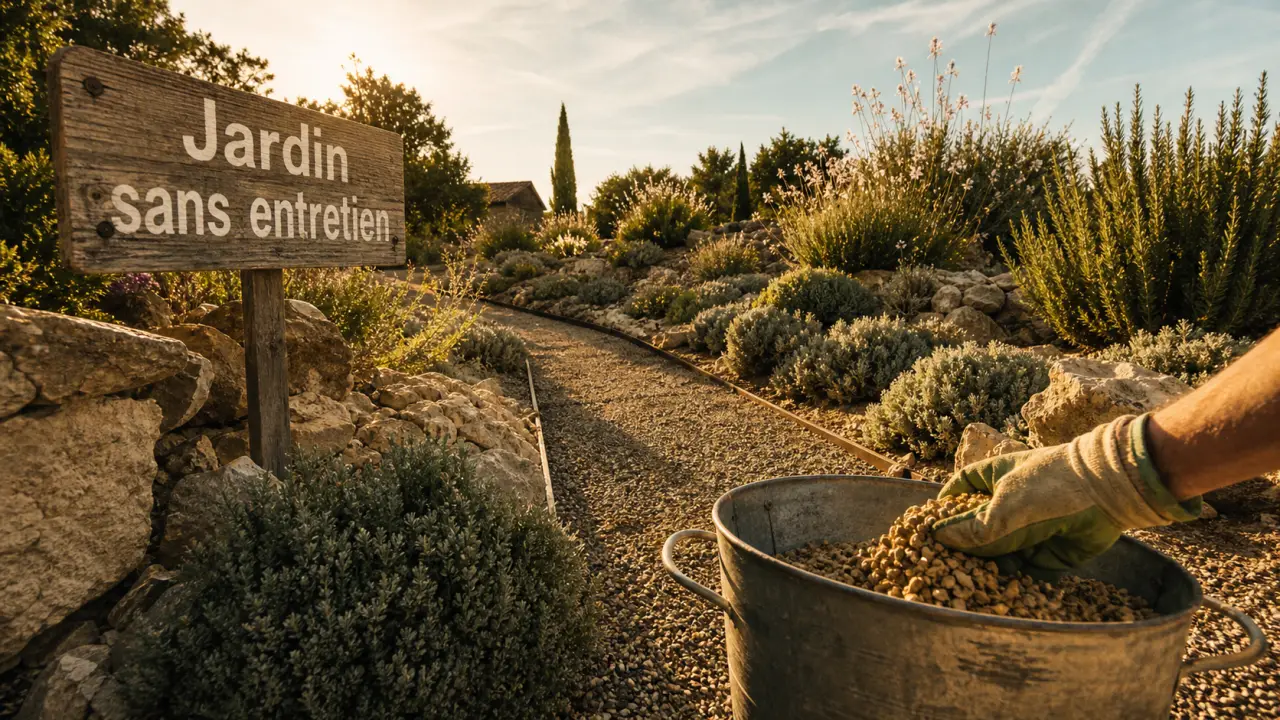 Jardin méditerranéen sans entretien avec paillage minéral, thym et origan, pierres calcaires