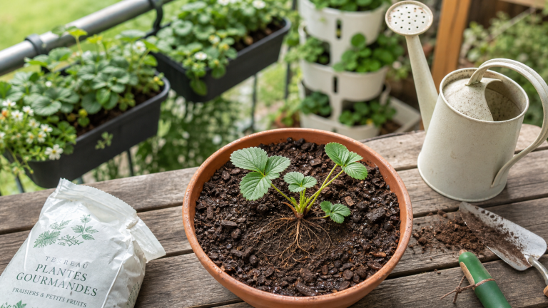 Plantation fraisier en hauteur : collet du fraisier affleurant