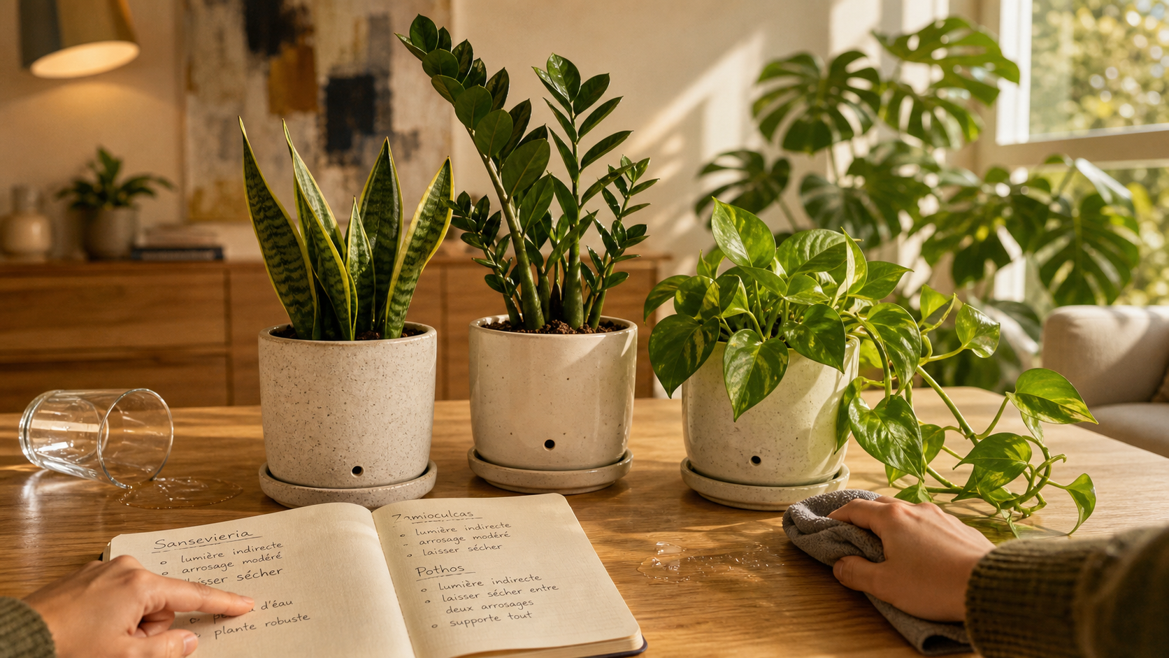 Plantes d'intérieur faciles d'entretien : sansevieria, zamioculcas, pothos en pots