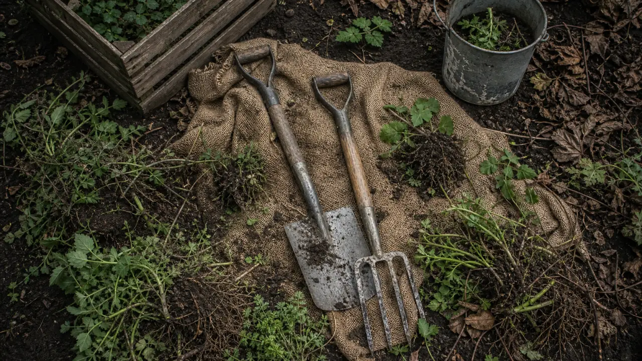 Plantes envahissantes jardin : rhizomes et racines arrachées