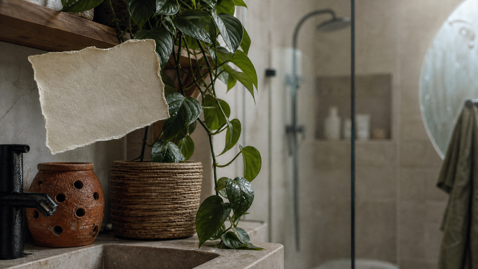 Plantes faciles pour salle de bain : pothos dans une salle de bain sans fenêtre