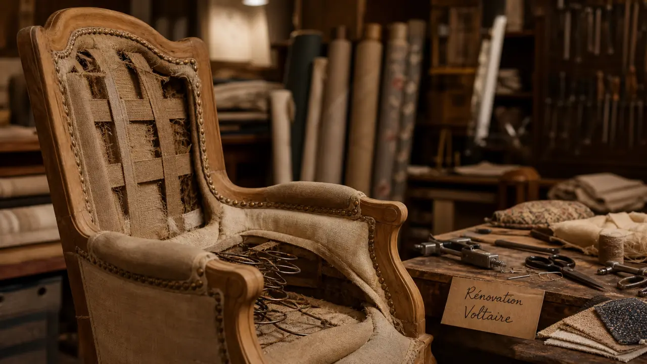 Rénovation fauteuil voltaire : garnissage et finitions en atelier