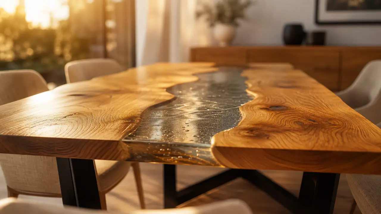 Table en resine époxy avec rivière centrale en bois massif chêne