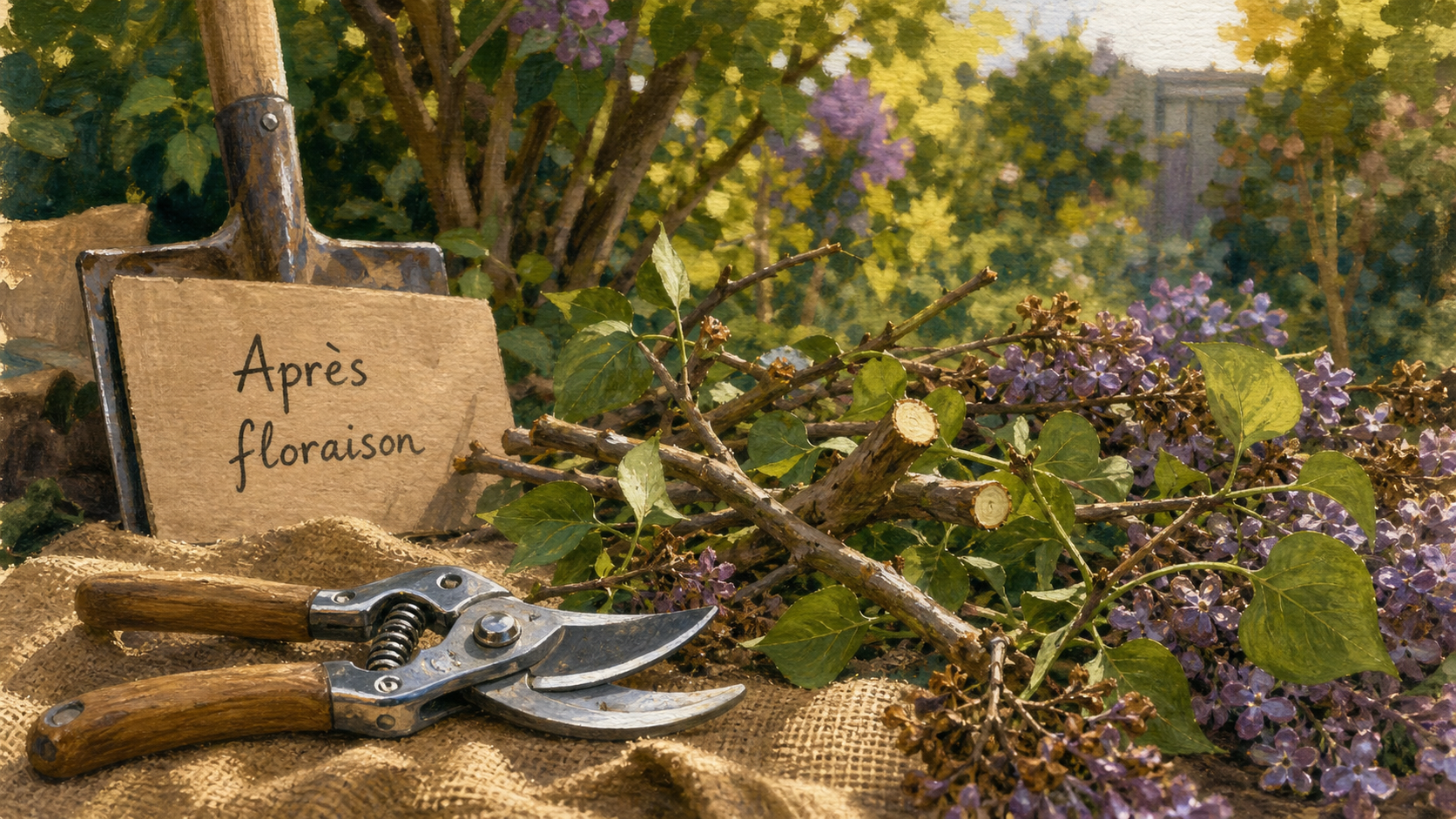 Taille du lilas après floraison, coupe 1/3 maximum, sécateur et rameaux fanés