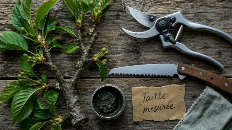 Tailler un cerisier adulte : branche feuillue et outils de taille