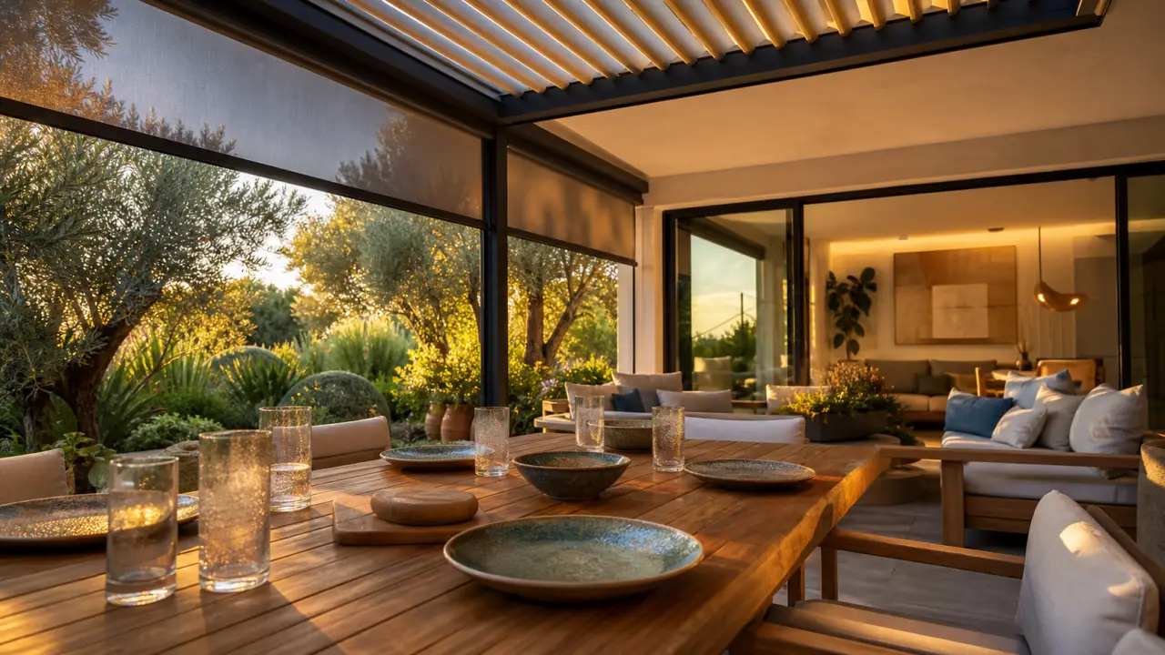 Terrasse couverte maison avec pergola en aluminium, stores et lames orientables