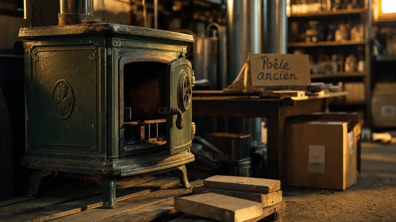 Vieux poele a bois, poêle ancien en fonte émaillée verte, atelier vintage.