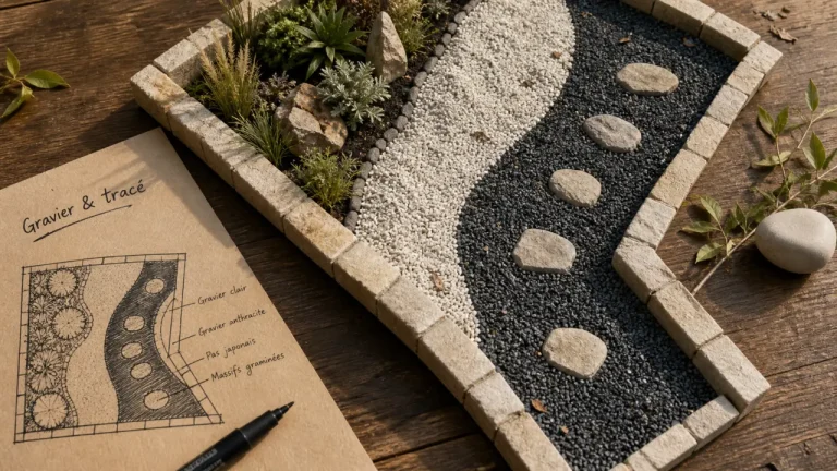 amenagement jardin gravier decoratif : allée en gravier clair et anthracite, bordures pierre