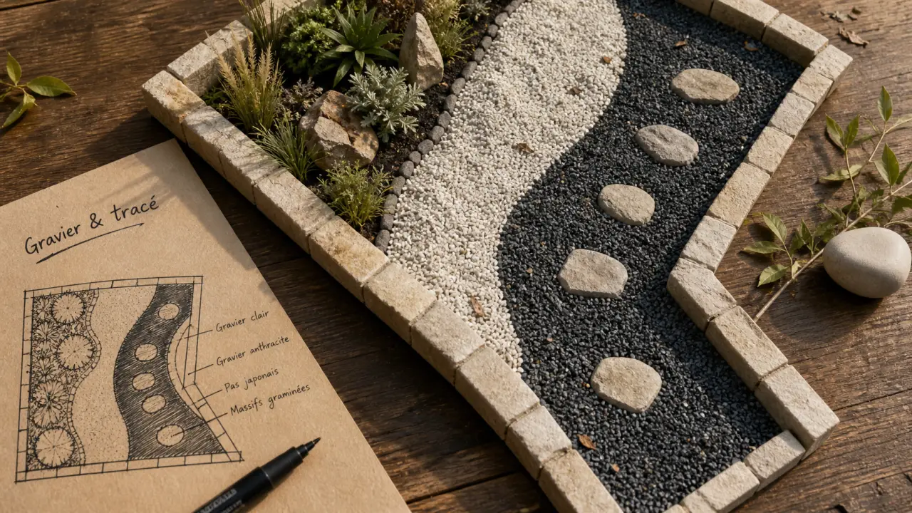 amenagement jardin gravier decoratif : allée en gravier clair et anthracite, bordures pierre