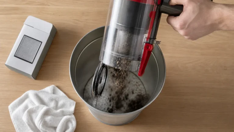 Comment vider un aspirateur Dyson sans se salir : ligne MAX et bac au-dessus de la poubelle