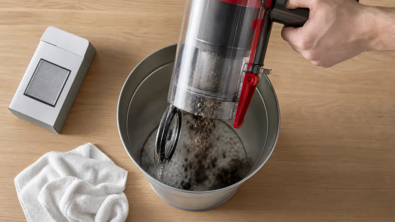 Comment vider un aspirateur Dyson sans se salir : ligne MAX et bac au-dessus de la poubelle