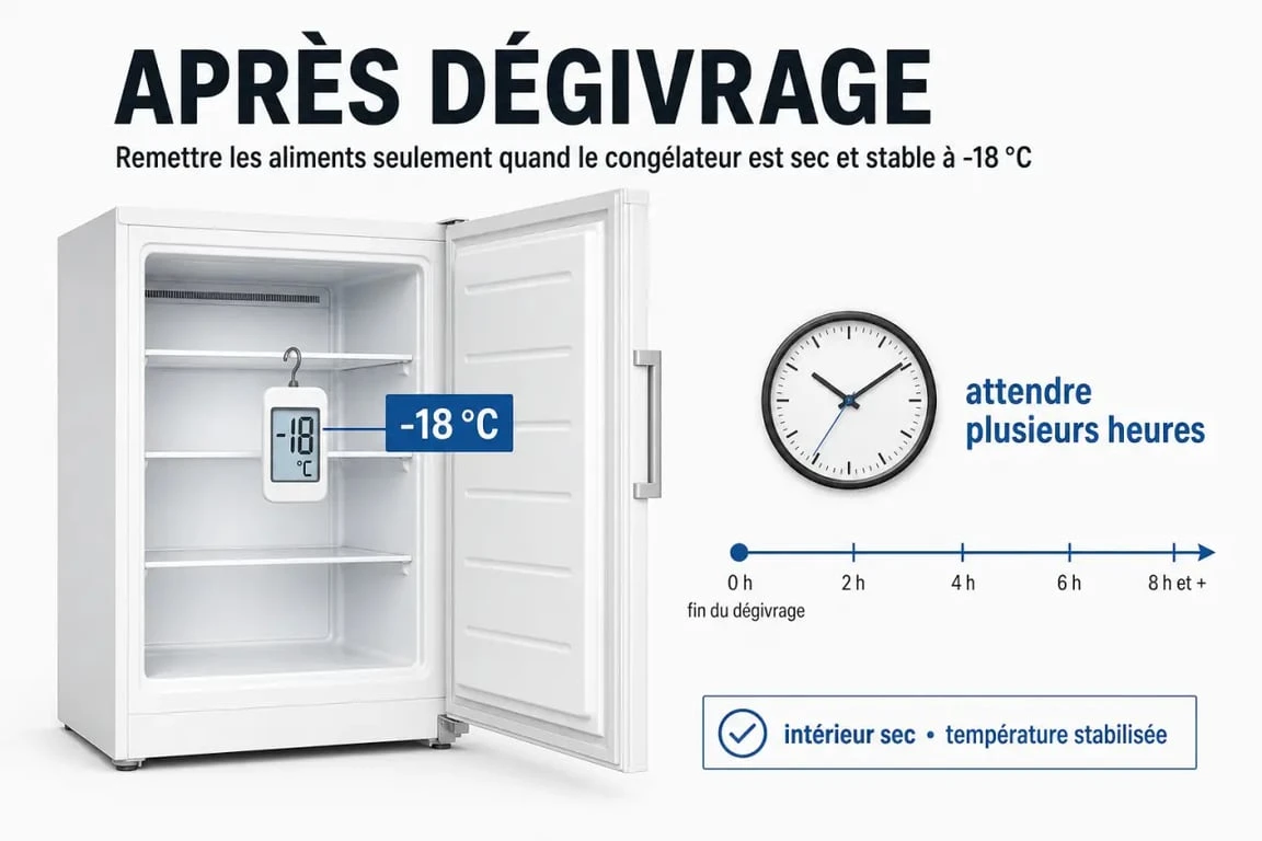 Combien de temps avant de remplir un congélateur apres degivrage : thermomètre à -18°C et remise en route après dégivrage