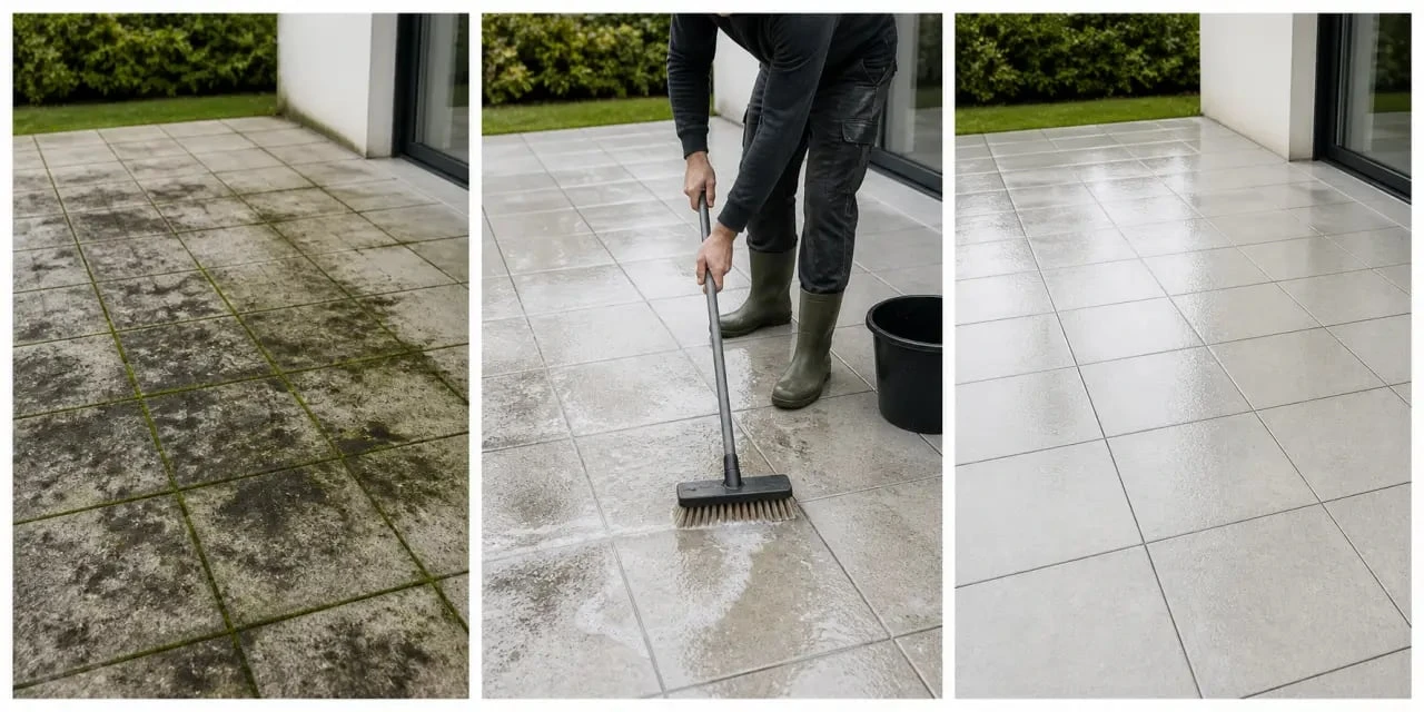 Terrasse nettoyage : étapes de nettoyage d’une terrasse avec brosse, produit doux et rinçage