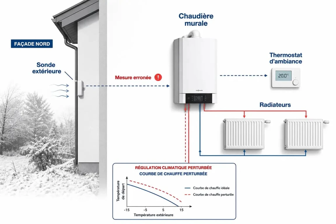 Problème sonde extérieure chaudière : schéma simplifié de la sonde extérieure, du thermostat et de la chaudière