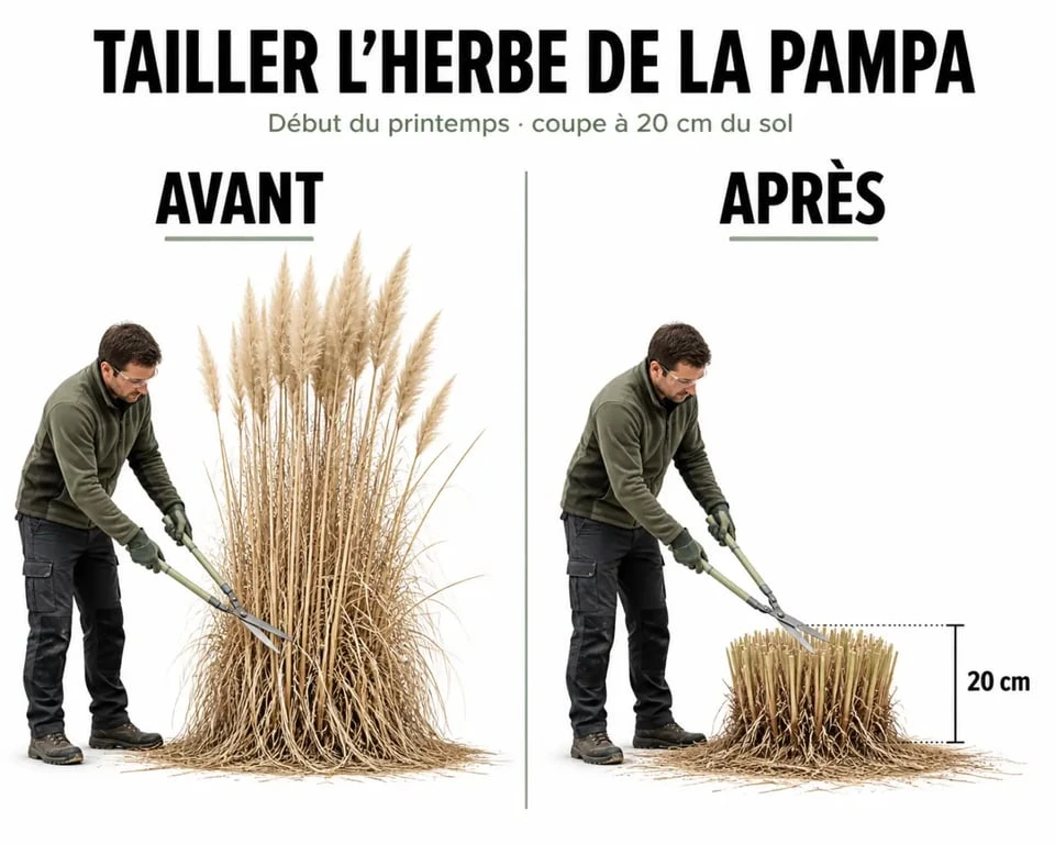 Taille pampa : schéma avant/après d’une coupe à 20 cm du sol avec protections de jardinage