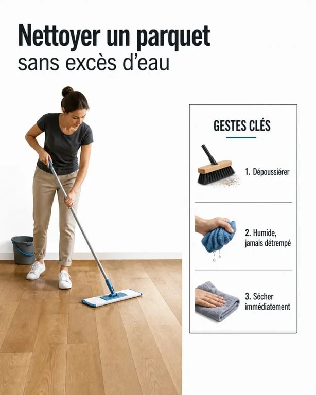 Nettoyer parquet : illustration d’un nettoyage doux avec microfibre essorée et séchage immédiat