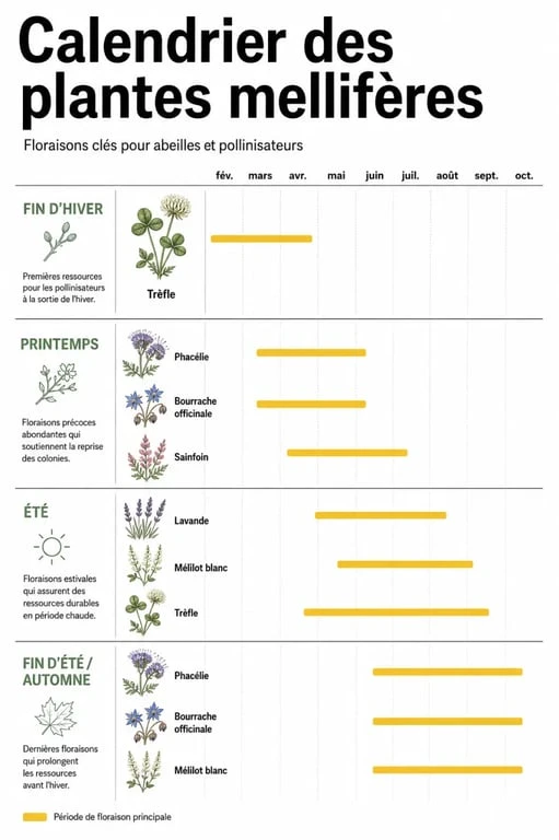 Calendrier des plantes mellifere par saison avec phacélie, bourrache, lavande et trèfle