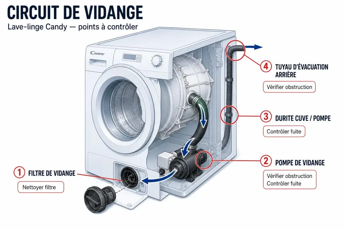 Erreur e03 lave linge Candy : schéma simplifié du circuit de vidange avec filtre, pompe et tuyau d’évacuation