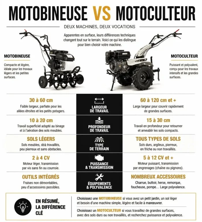 Tableau comparatif illustré pour choisir entre location de motobineuse et motoculteur selon la surface du jardin