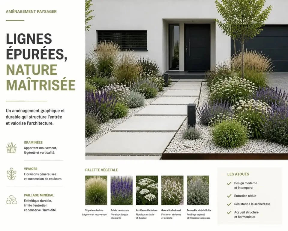 Parterre devant maison sans entretien avec des plantes vivaces et un paillage minéral