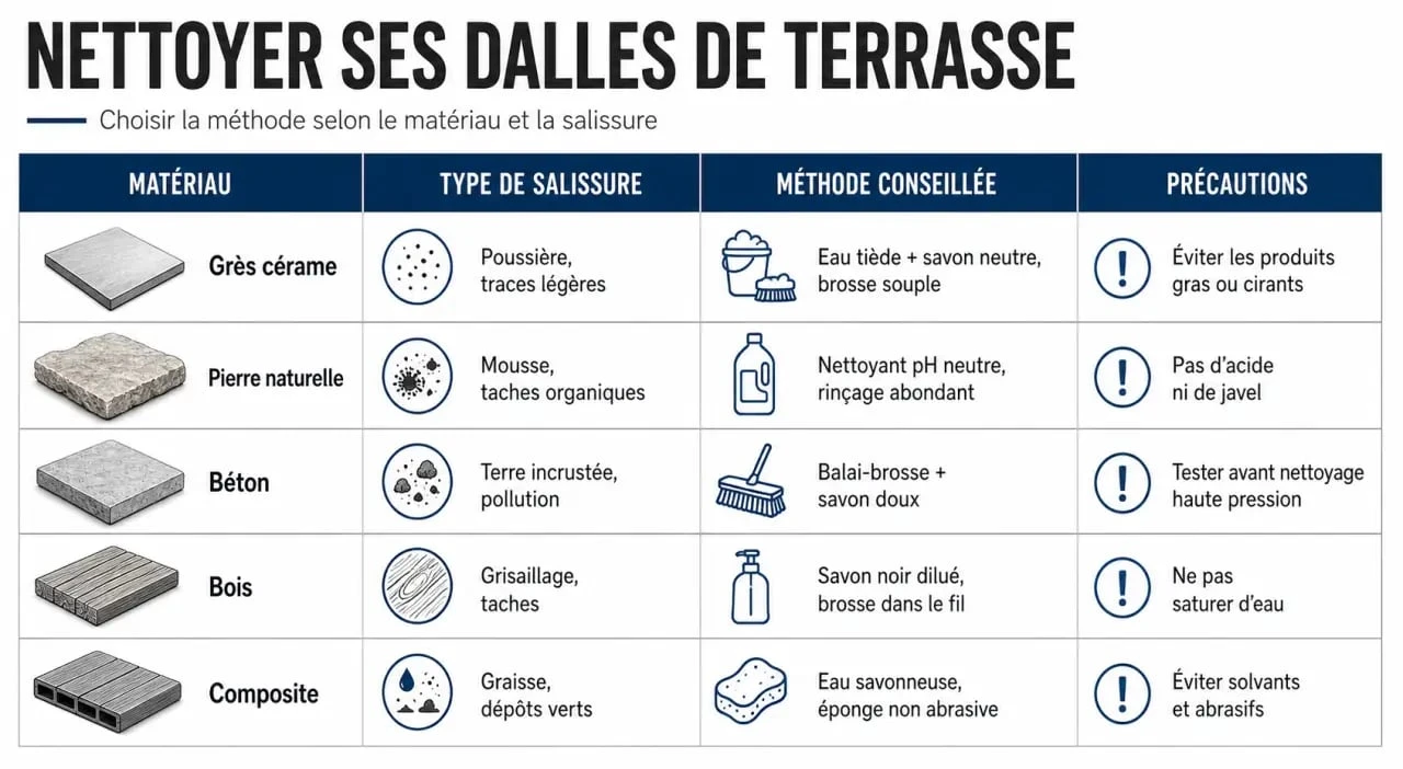 Nettoyer dalles terrasse : tableau visuel des méthodes selon le matériau et la salissure