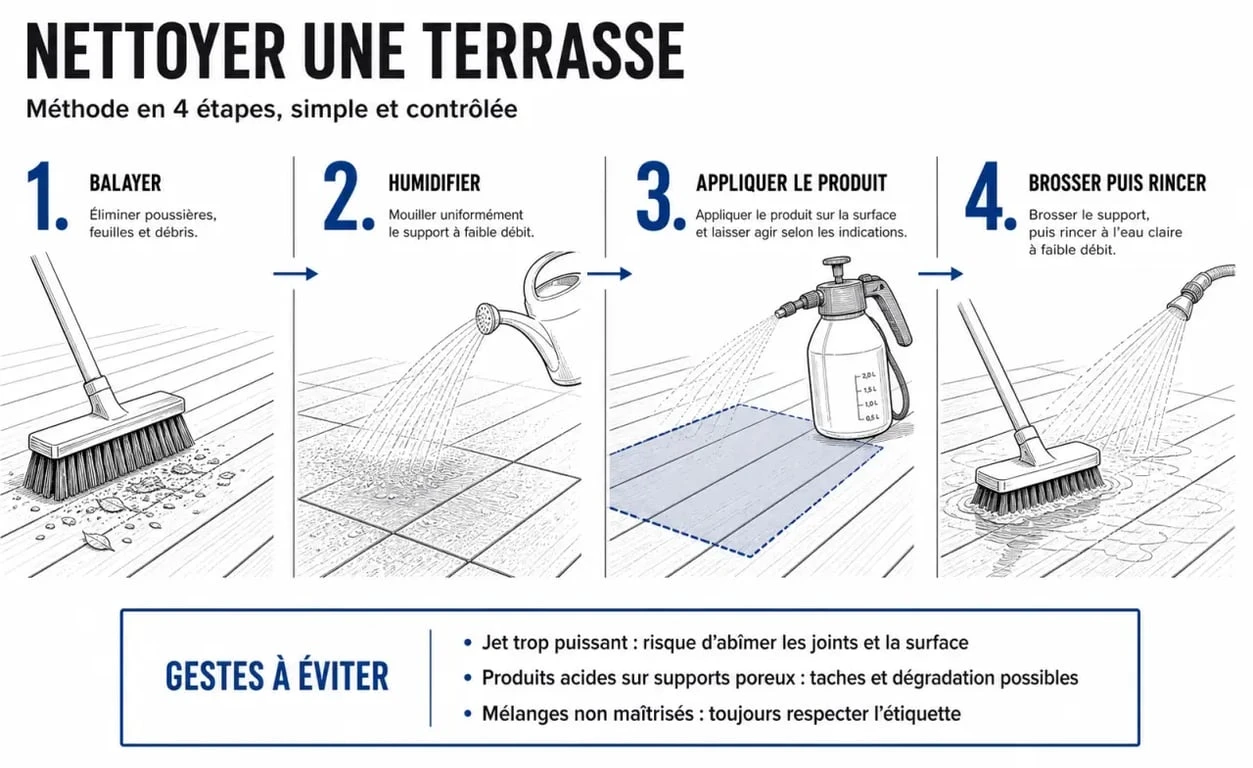 Nettoyer dalles terrasse : étapes de nettoyage et gestes à éviter
