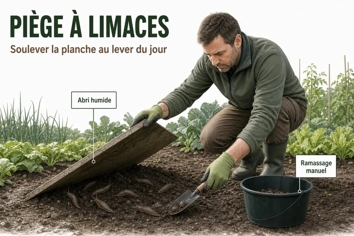 Répulsif naturel limace : ramassage des limaces sous une planche au jardin
