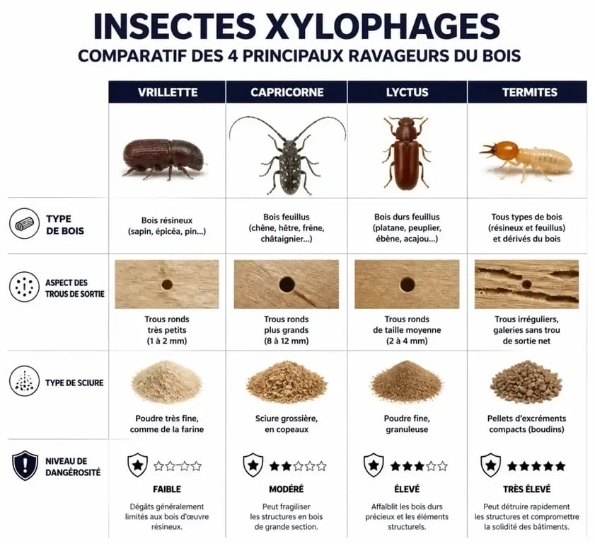Infographie comparative des insectes xylophages : vrillette, capricorne, lyctus et termites pour identifier les mites bois meuble