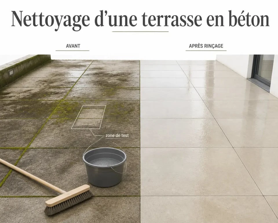 Nettoyer terrasse beton : avant et après d’une terrasse en béton avec mousse, graisse et surface propre